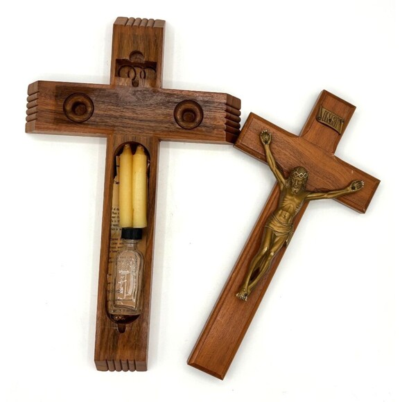 Wooden Crucifix Cross Last Rites Sick Call Candles Holy Water Bottle Vintage EUC - Picture 2 of 16